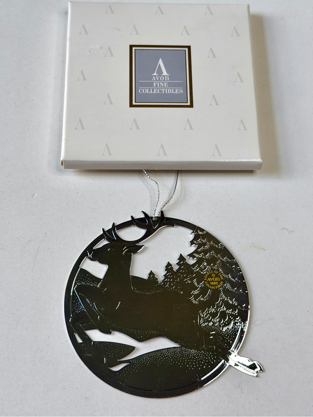Vintage Avon Silverplate Ornament 1992 Dashing Through Snow Christmas Reindeer